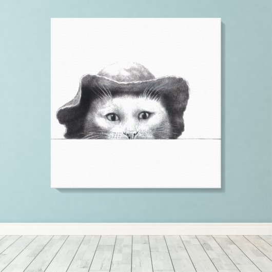 Kat met Pet (sneeuw) Canvas Afdruk (Insitu (Houten vloer))