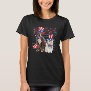 Kat Met Pit Bull Zonnebril Amerikaanse Vlag 4 Juli T-shirt