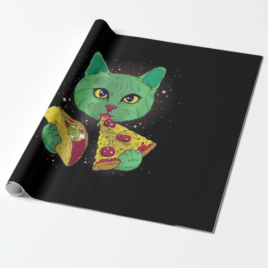 Kat met Pizza Slice en Taco in de ruimte Cadeaupapier (Uitgerold)