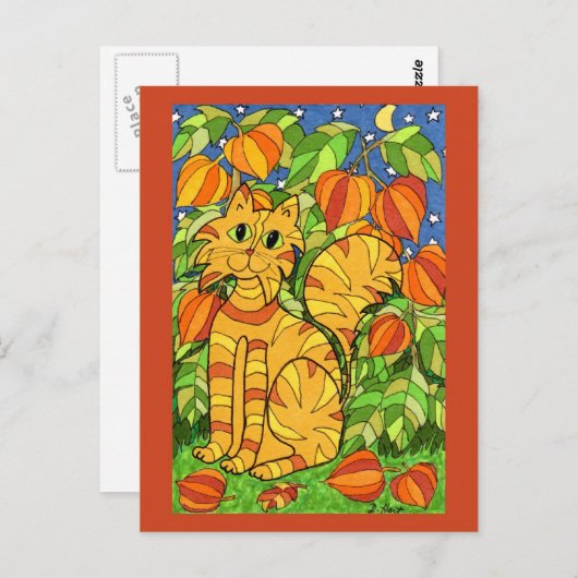 Kat met Plant van de Chinese Lantaarn Briefkaart (Voorkant / Achterkant)