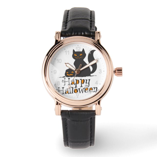 Kat met pompoen van Halloween - Kies achterkleur Horloge (Voorkant)