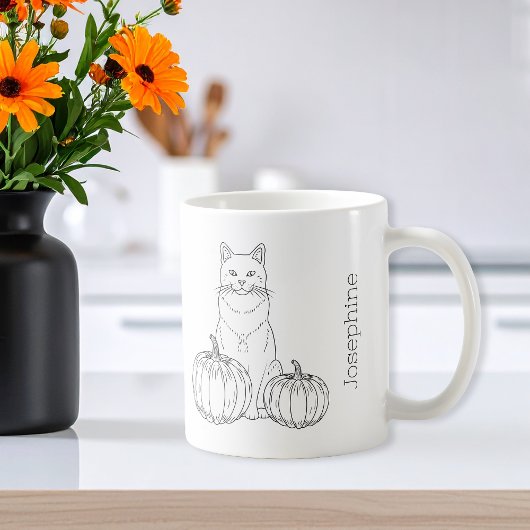 Kat met pompoenen Minimale Herfst Line Art en Naam Koffiemok