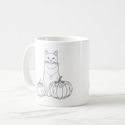 Kat met pompoenen Minimale Herfst Line Art en Naam Koffiemok (Voorkant links)