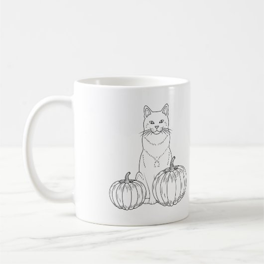 Kat met pompoenen Minimale Herfst Line Art en Naam Koffiemok (Links)