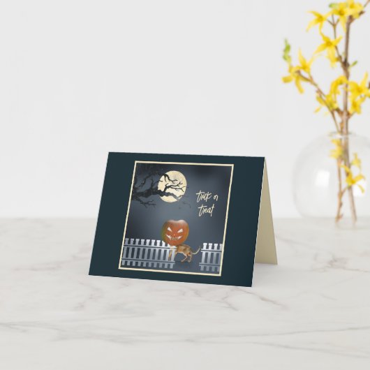 Kat met pompoenkop Halloween Kaart (Gele Bloem)