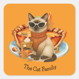 Kat met pompoentaart voor Thanksgiving Party Vierkante Sticker