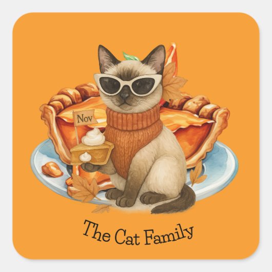 Kat met pompoentaart voor Thanksgiving Party Vierkante Sticker (Voorkant)