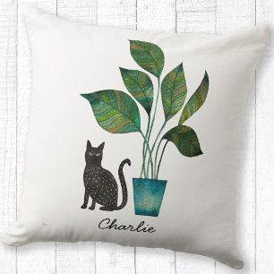 Kat met Potted Plant Waterverf Gepersonaliseerd Kussen
