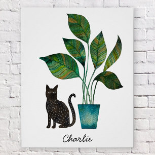 Kat met Potted Plant Waterverf Gepersonaliseerd Perfect Poster