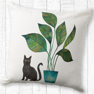 Kat met Potted Plant Waterverf Kussen