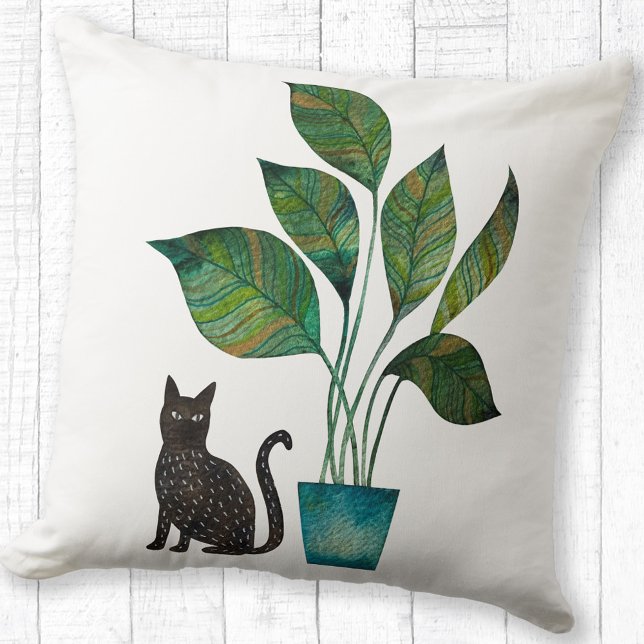 Kat met Potted Plant Waterverf Kussen (Watercolor cat and house plant pillow)