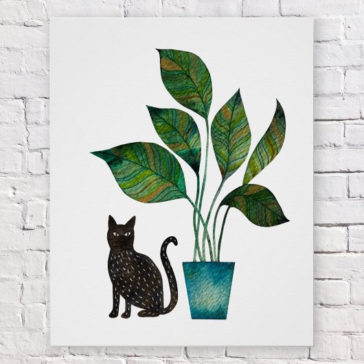 Kat met Potted Plant Waterverf Perfect Poster