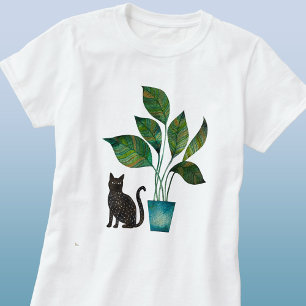 Kat met Potted Plant Waterverf T-shirt
