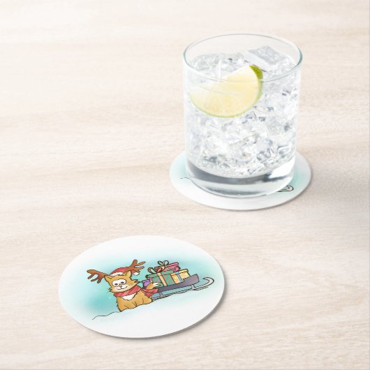 Kat met rendierlijk Pet en slee kerst Ronde Kartonnen Onderzetter (Insitu)