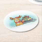 Kat met rendierlijk Pet en slee kerst Ronde Kartonnen Onderzetter (Gebogen)