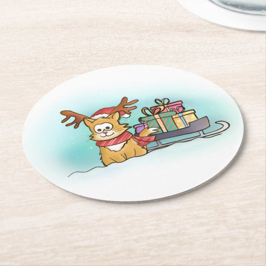 Kat met rendierlijk Pet en slee kerst Ronde Kartonnen Onderzetter (Gebogen)