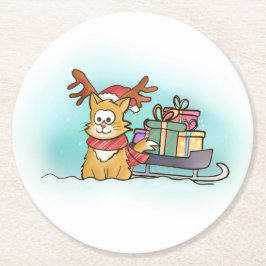 Kat met rendierlijk Pet en slee kerst Ronde Kartonnen Onderzetter
