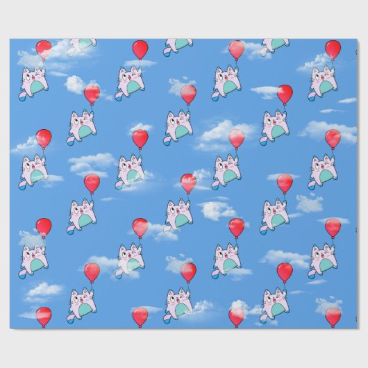 Kat met rode ballon in wolken cadeaupapier (Vlak)