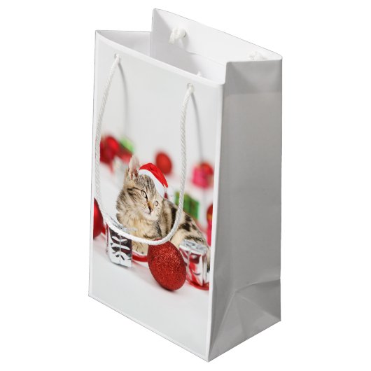Kat met rode kerstkerstkerstkerstsieraad klein cadeauzakje (Achterkant Gekanteld)