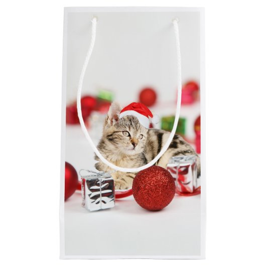 Kat met rode kerstkerstkerstkerstsieraad klein cadeauzakje (Voorkant)