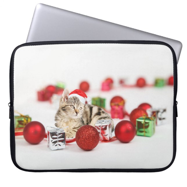 Kat met rode kerstkerstkerstkerstsieraad laptop sleeve (Voorkant)