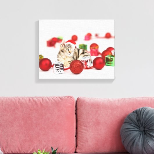 Kat met rode kerstmuts canvas afdruk (Insitu (Woonkamer))