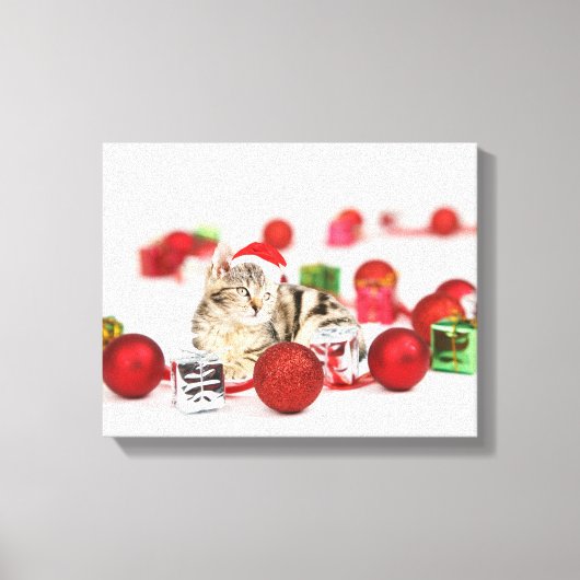 Kat met rode kerstmuts canvas afdruk (Voorkant)