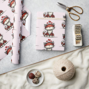 Kat met rode liefdesharten Cute en grappig patroon Cadeaupapier
