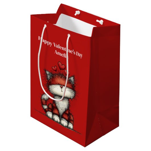 Kat met Rode Liefdesharten Valentijnsdag Medium Cadeauzakje (Voorkant Gekanteld)