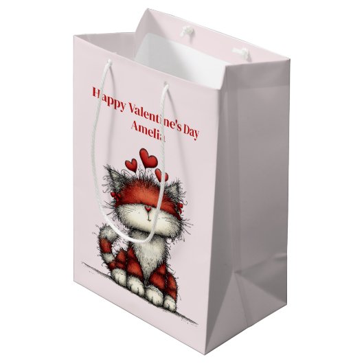 Kat met rode liefdesharten Valentijnsdag Medium Cadeauzakje (Voorkant Gekanteld)