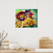 KAT MET RODE LINT EN ZONNEBLOEMEN POSTER (Keuken)