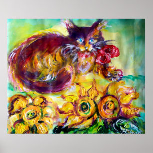 KAT MET RODE LINT EN ZONNEBLOEMEN POSTER