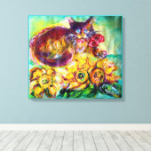 KAT MET RODE RIBBON EN ZONNEN CANVAS AFDRUK (Insitu (Houten vloer))