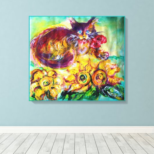 KAT MET RODE RIBBON EN ZONNEN CANVAS AFDRUK (Insitu (Houten vloer))