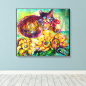 KAT MET RODE RIBBON EN ZONNEN CANVAS AFDRUK (Insitu (Houten vloer))