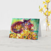 KAT MET RODE RIBBON EN ZONNEN KAART (Gele Bloem)