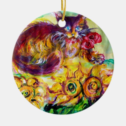 KAT MET RODE RIBBON EN ZONNEN KERAMISCH ORNAMENT (Voorkant)