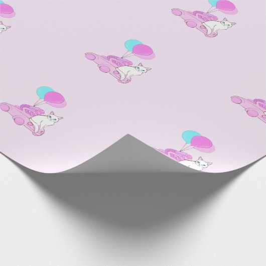 Kat met roze auto en ballonnen cadeaupapier (Hoek)