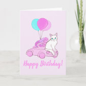 Kat met roze auto en ballonnen kaart (Voorkant)