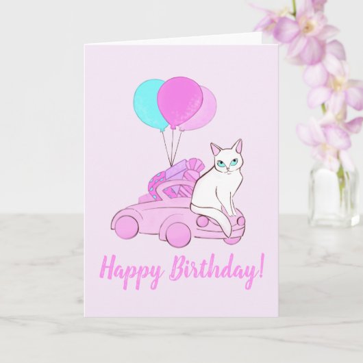 Kat met roze auto en ballonnen kaart (Orchidee)