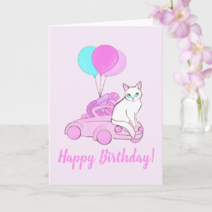 Kat met roze auto en ballonnen kaart