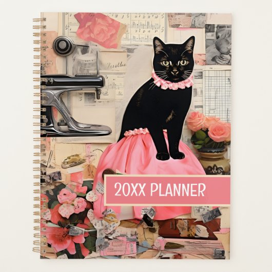 Kat met roze kettingen keuken bloemcollage planner (Voorkant)