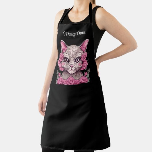 Kat met roze rozen gepersonaliseerd aangepaste Sch Schort (Insitu)