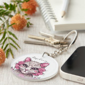 Kat met Roze Rozen Gepersonaliseerde Sleutelhanger (Voorkant Rechts)
