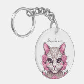 Kat met Roze Rozen Gepersonaliseerde Sleutelhanger (Voorkant Links)