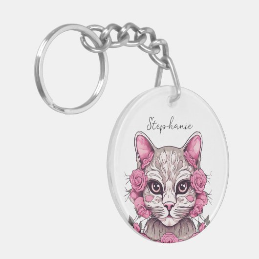 Kat met Roze Rozen Gepersonaliseerde Sleutelhanger (Voorkant Links)
