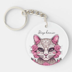 Kat met Roze Rozen Gepersonaliseerde Sleutelhanger
