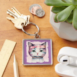 Kat met roze strik Sleutelhanger