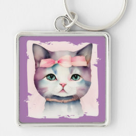  Kat met roze strik Sleutelhanger