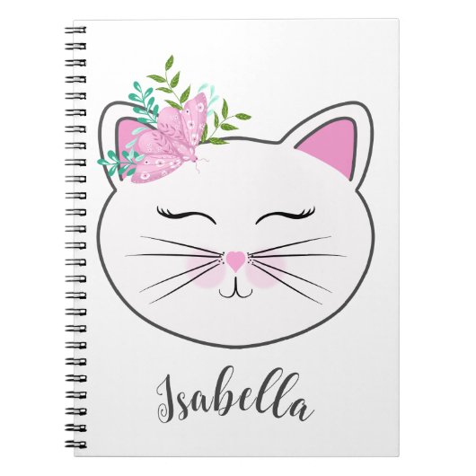 Kat met roze vlinder op maat notitieboek (Voorkant)